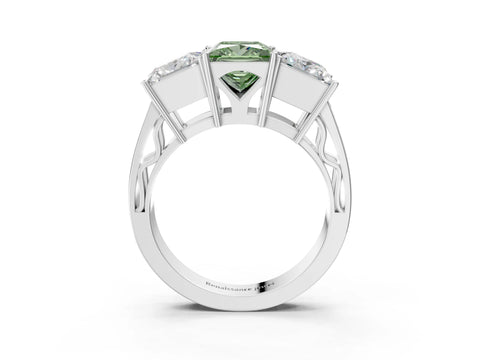White gold Fancy Green Princess Cut Diamond Three-Stone Ring with Prong Setting and Textured Band_36