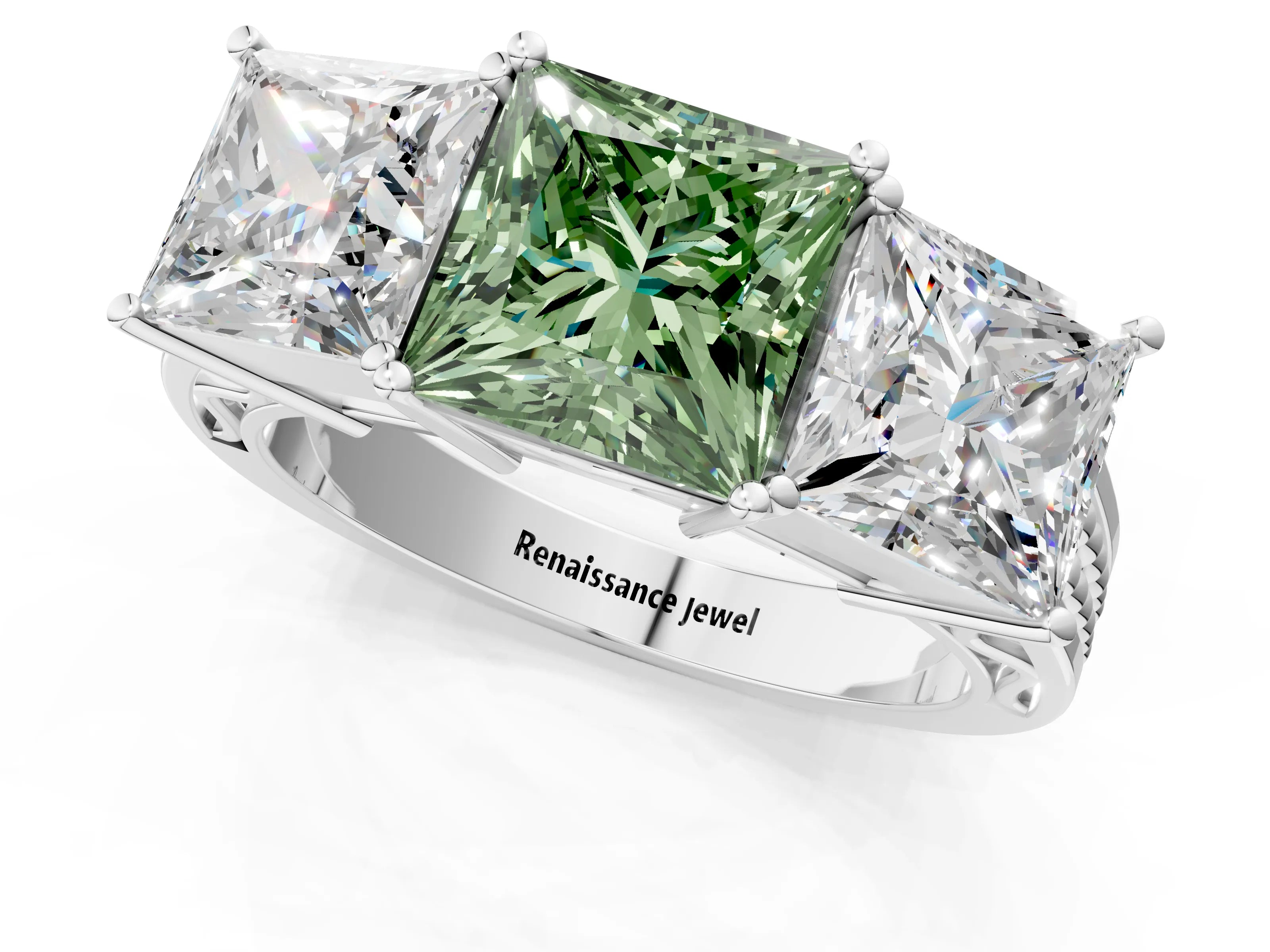 White gold Fancy Green Princess Cut Diamond Three-Stone Ring with Prong Setting and Textured Band_37
