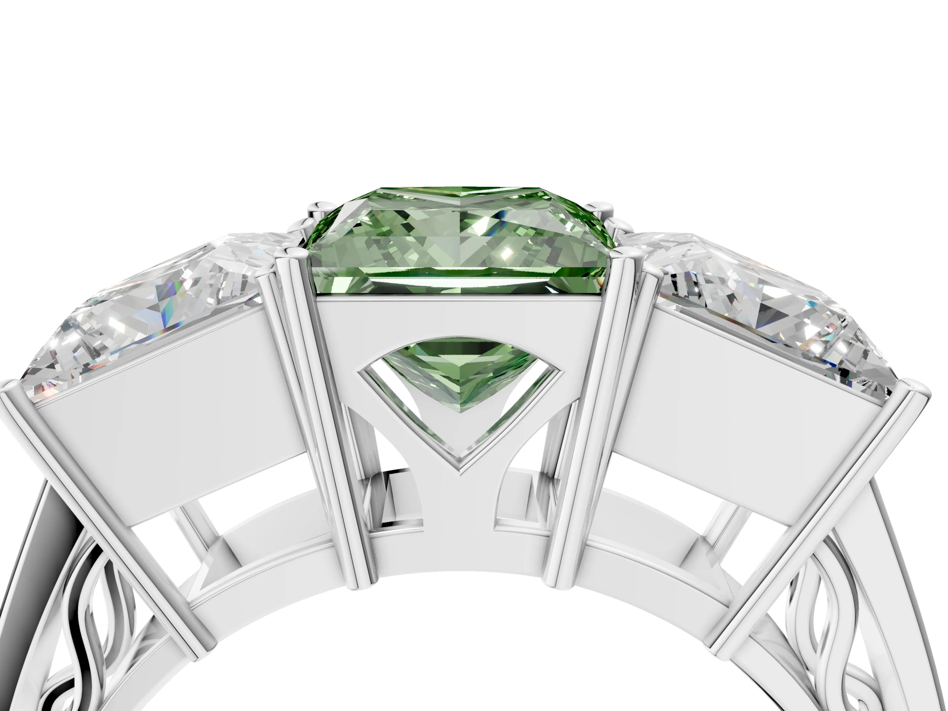 White gold Fancy Green Princess Cut Diamond Three-Stone Ring with Prong Setting and Textured Band_40