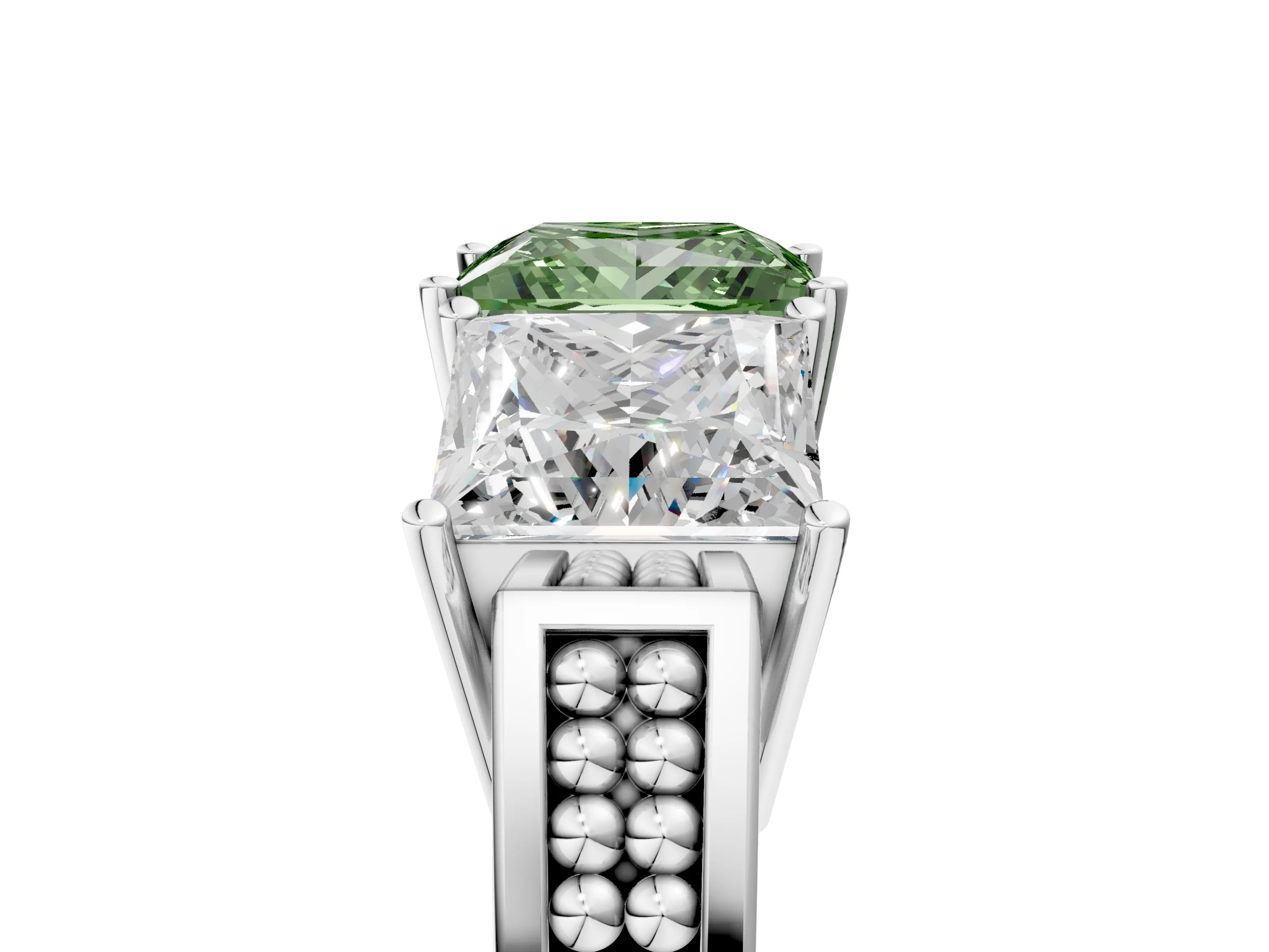 White gold Fancy Green Princess Cut Diamond Three-Stone Ring with Prong Setting and Textured Band_41
