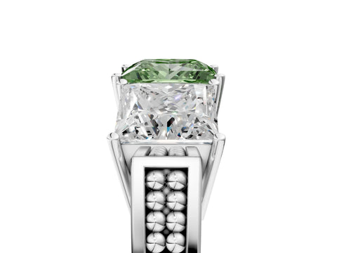 White gold Fancy Green Princess Cut Diamond Three-Stone Ring with Prong Setting and Textured Band_41