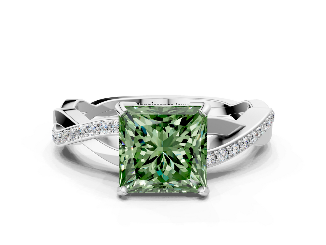White gold Fancy Green Princess  Cut Diamond Twisted Band Engagement Ring with Prong Setting_3