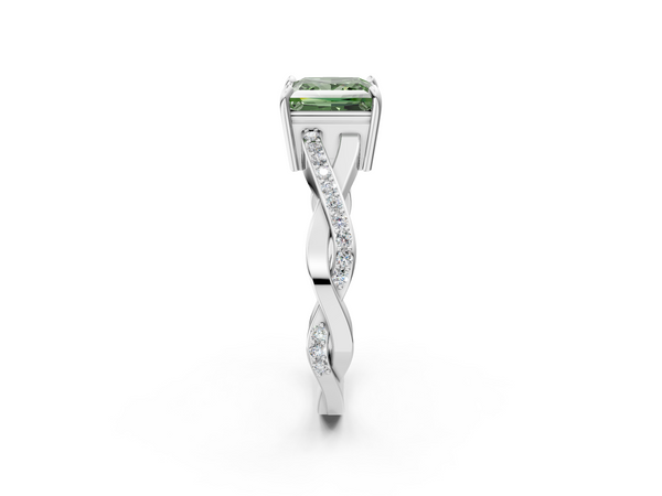 White gold Fancy Green Princess  Cut Diamond Twisted Band Engagement Ring with Prong Setting