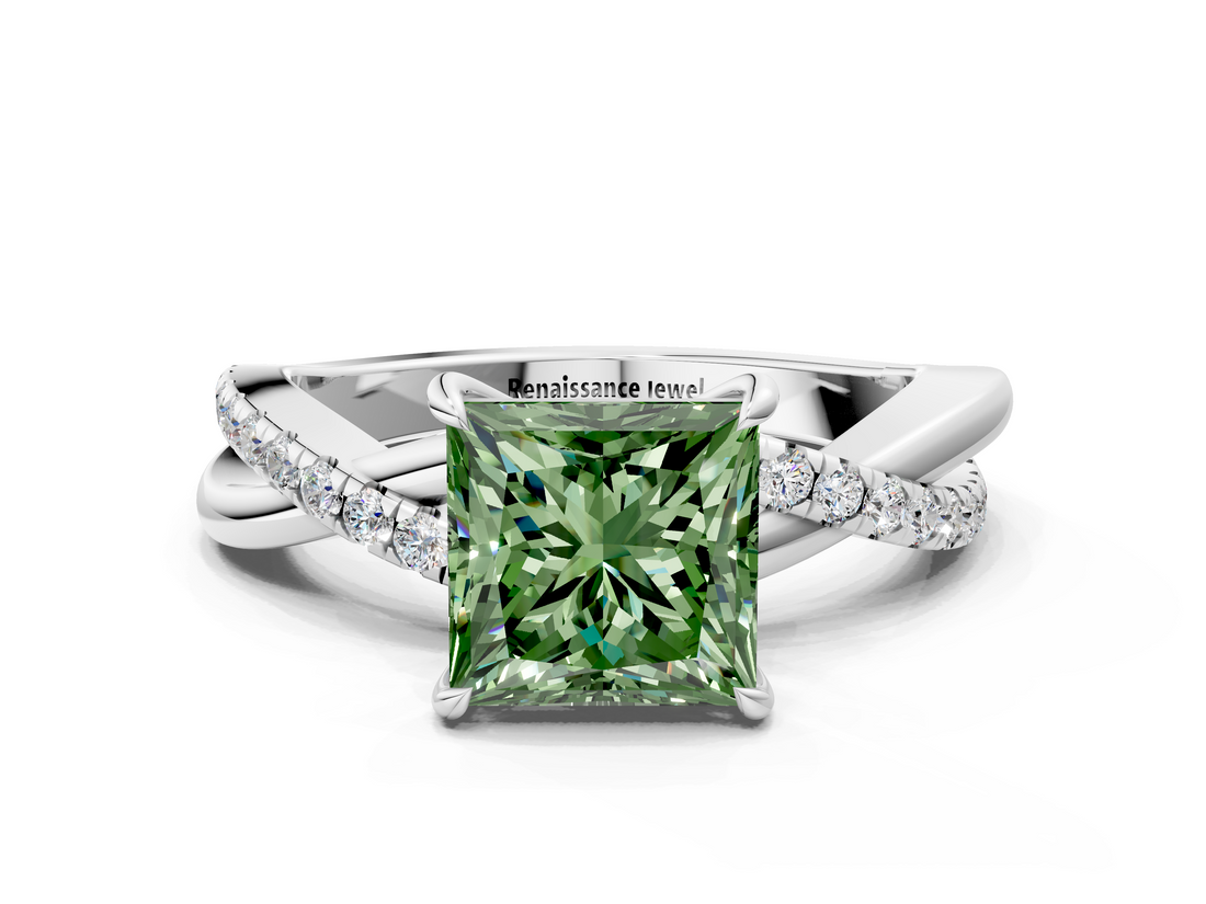 White gold Fancy Green Princess  Cut Diamond Twisted Band with Pavé Setting and Four-Prong Setting