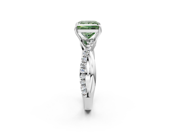 White gold Fancy Green Princess  Cut Diamond Twisted Band with Pavé Setting and Four-Prong Setting