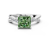 White gold Fancy Green Princess  Cut Diamond Twisted Band with Pavé Setting and Four-Prong Setting