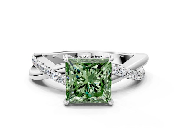 White gold Fancy Green Princess  Cut Diamond Twisted Band with Pavé Setting and Four-Prong Setting