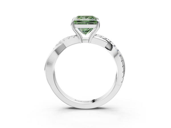 White gold Fancy Green Princess  Cut Diamond Twisted Band with Pavé Setting and Four-Prong Setting