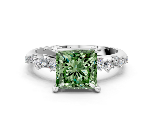 Platinum Fancy Green Princess  Cut Diamond Vine Band with Four-Prong Setting