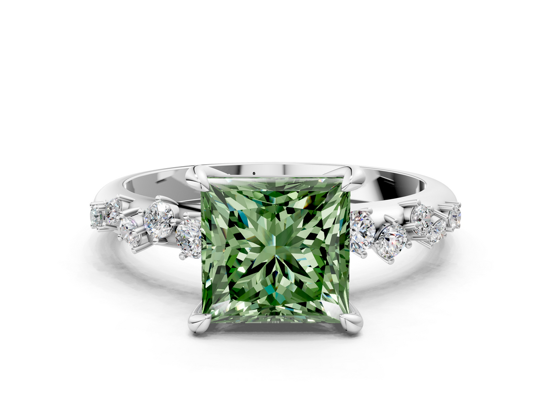 White gold Fancy Green Princess  Cut Diamond Vine Band with Four-Prong Setting