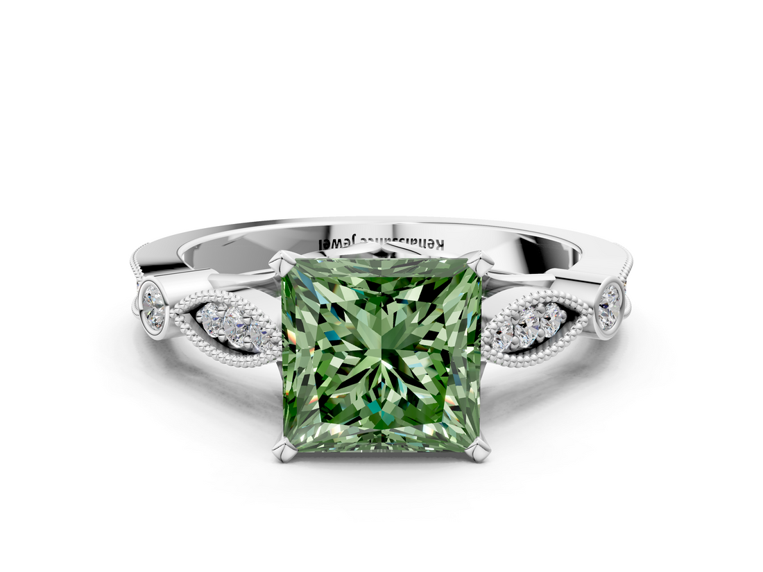 White gold Fancy Green Princess  Cut Diamond with Milgrain Marquise and Bezel Accents on a Solitaire Band with Prong Setting