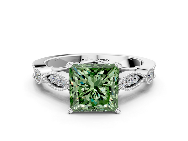 Platinum Fancy Green Princess  Cut Diamond with Milgrain Marquise and Bezel Accents on a Solitaire Band with Prong Setting