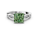 White gold Fancy Green Princess  Cut Diamond with Milgrain Marquise and Bezel Accents on a Solitaire Band with Prong Setting