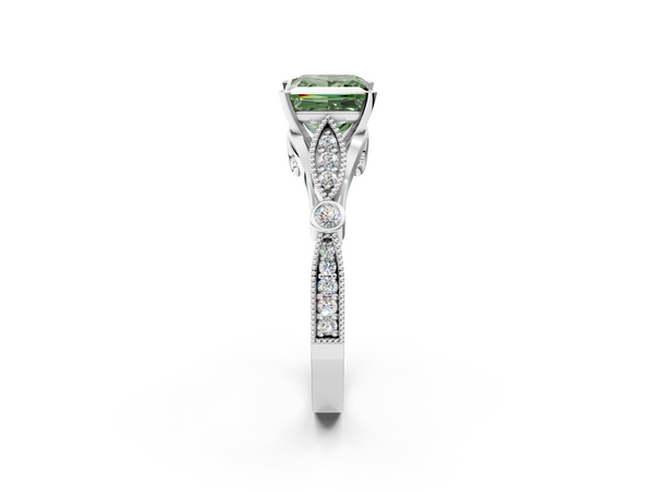Platinum Fancy Green Princess  Cut Diamond with Milgrain Marquise and Bezel Accents on a Solitaire Band with Prong Setting