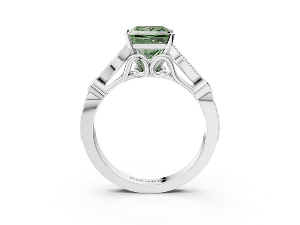 Platinum Fancy Green Princess  Cut Diamond with Milgrain Marquise and Bezel Accents on a Solitaire Band with Prong Setting