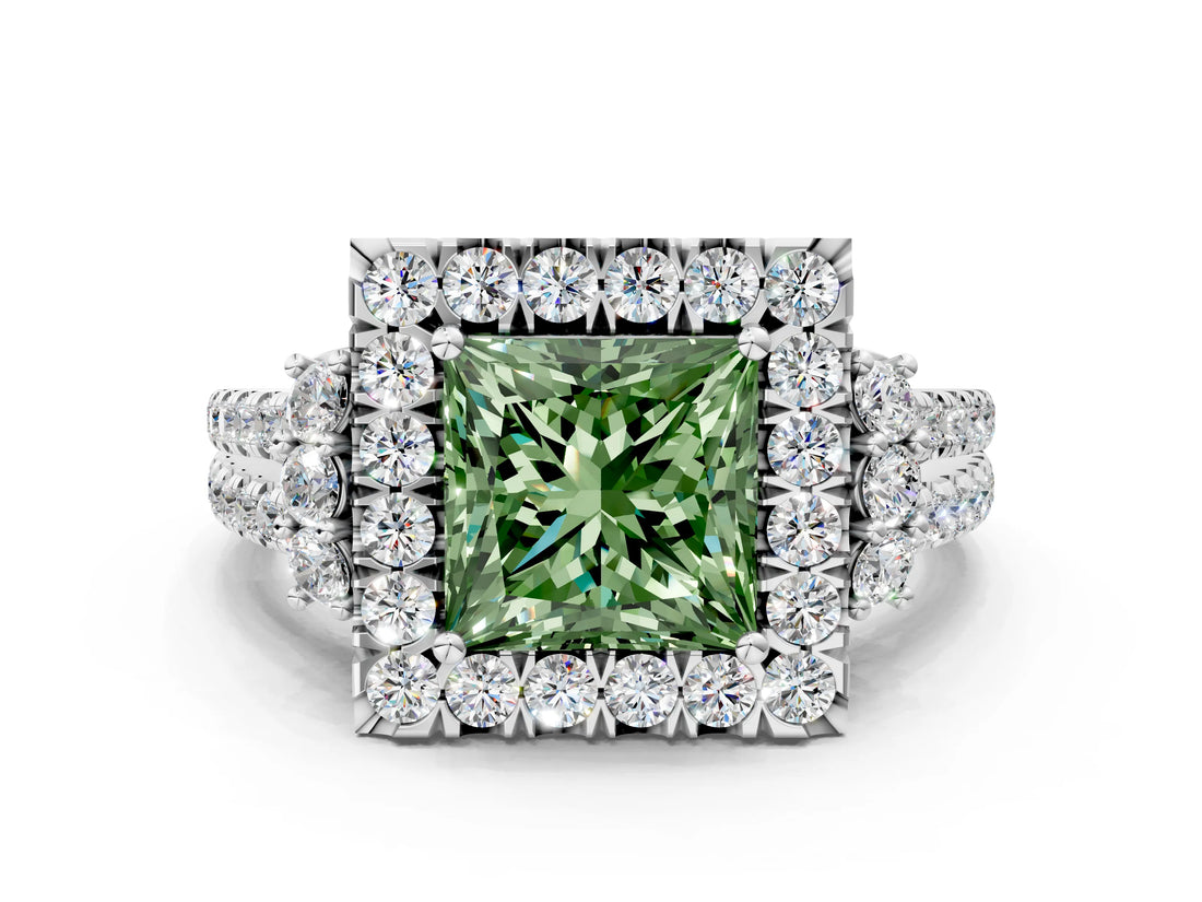 White gold Fancy Green Princess  Cut Double Halo Diamond Engagement Ring with Pave Band and Four-Prong Setting_73