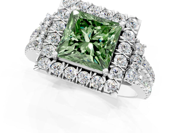 Platinum Fancy Green Princess  Cut Double Halo Diamond Engagement Ring with Pave Band and Four-Prong Setting