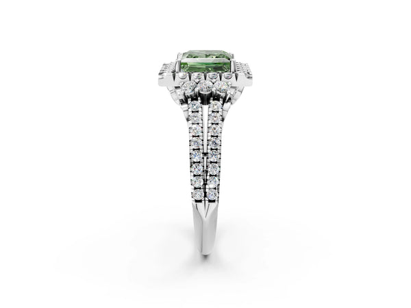 Platinum Fancy Green Princess  Cut Double Halo Diamond Engagement Ring with Pave Band and Four-Prong Setting