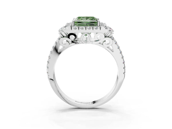 Platinum Fancy Green Princess  Cut Double Halo Diamond Engagement Ring with Pave Band and Four-Prong Setting