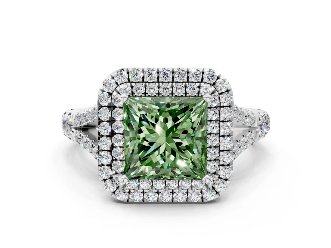 White gold Fancy Green Princess  Cut Double Halo Split Shank Diamond Ring with Prong Setting_28