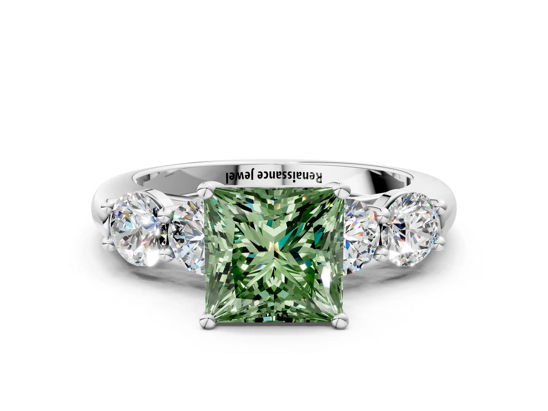 White gold Fancy Green Princess  Cut Five-Stone Prong Set Diamond Ring with Classic Band_29