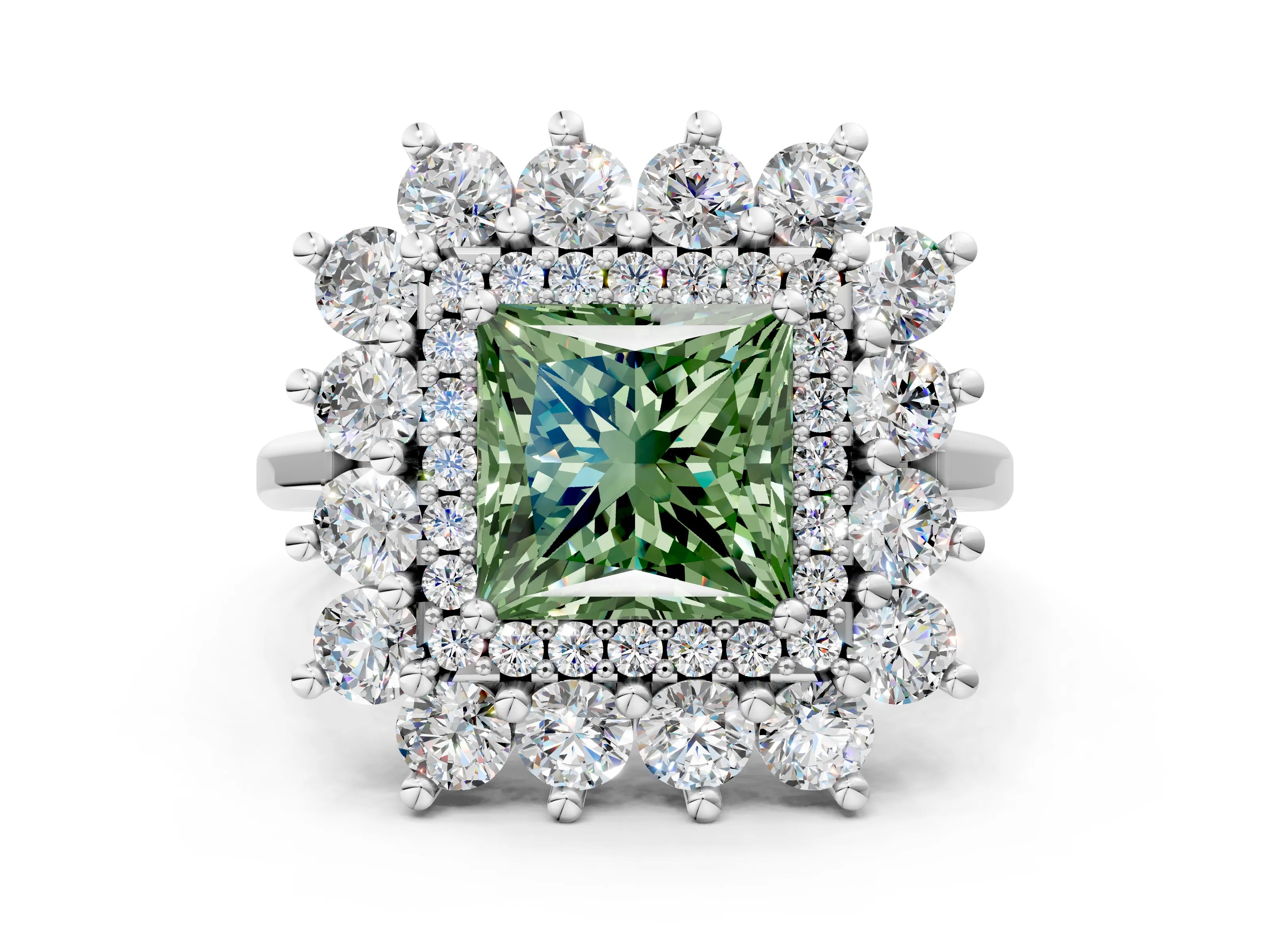 White gold Fancy Green Princess Cut Halo Cluster Diamond Ring with Pave Band and Four-Prong Setting