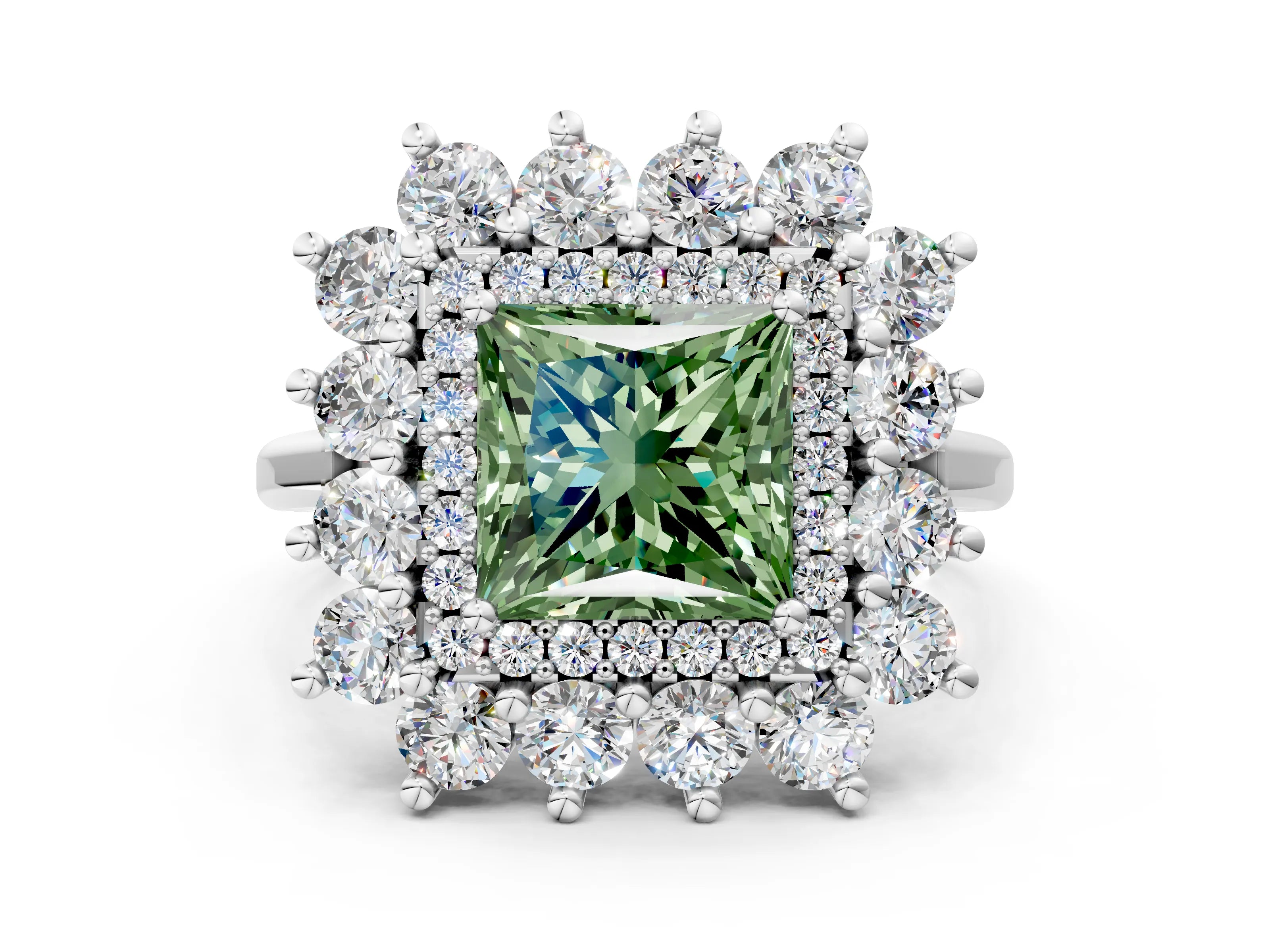 White gold Fancy Green Princess Cut Halo Cluster Diamond Ring with Pave Band and Four-Prong Setting_12