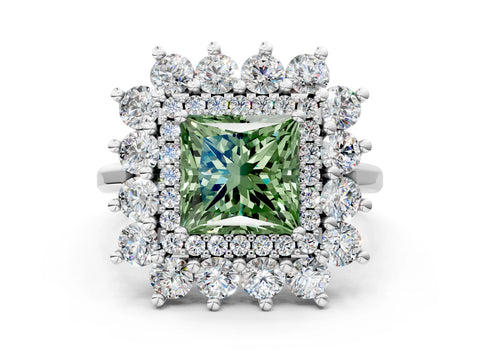 White gold Fancy Green Princess Cut Halo Cluster Diamond Ring with Pave Band and Four-Prong Setting_12