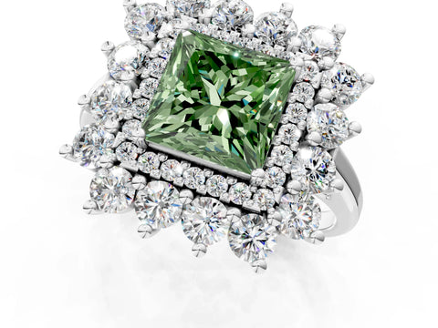 White gold Fancy Green Princess Cut Halo Cluster Diamond Ring with Pave Band and Four-Prong Setting_13