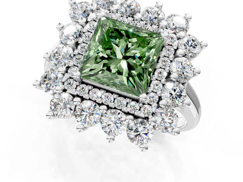 White gold Fancy Green Princess Cut Halo Cluster Diamond Ring with Pave Band and Four-Prong Setting_1