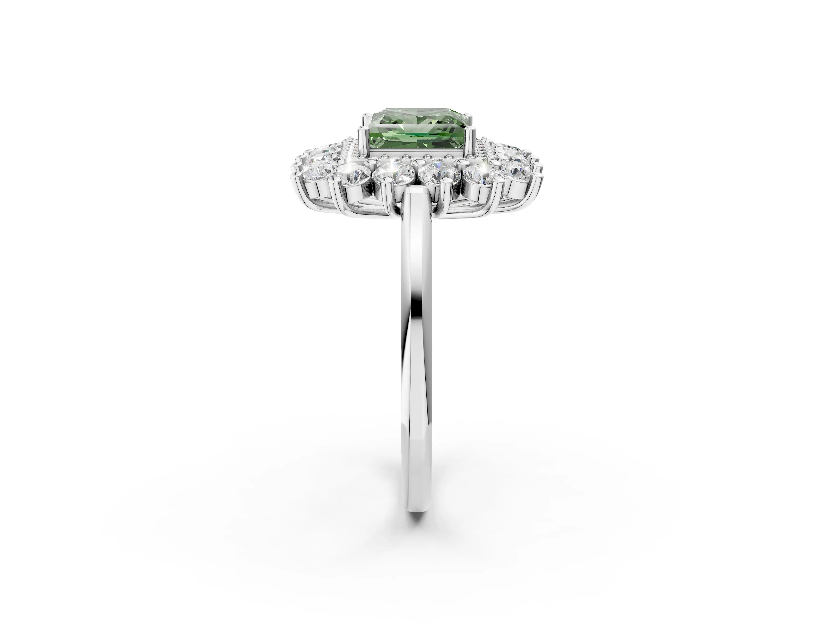 White gold Fancy Green Princess Cut Halo Cluster Diamond Ring with Pave Band and Four-Prong Setting_2