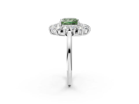 White gold Fancy Green Princess Cut Halo Cluster Diamond Ring with Pave Band and Four-Prong Setting_2