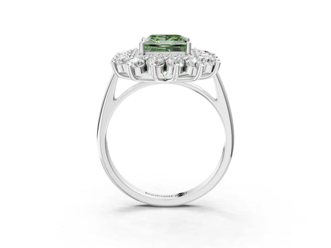 White gold Fancy Green Princess Cut Halo Cluster Diamond Ring with Pave Band and Four-Prong Setting_3