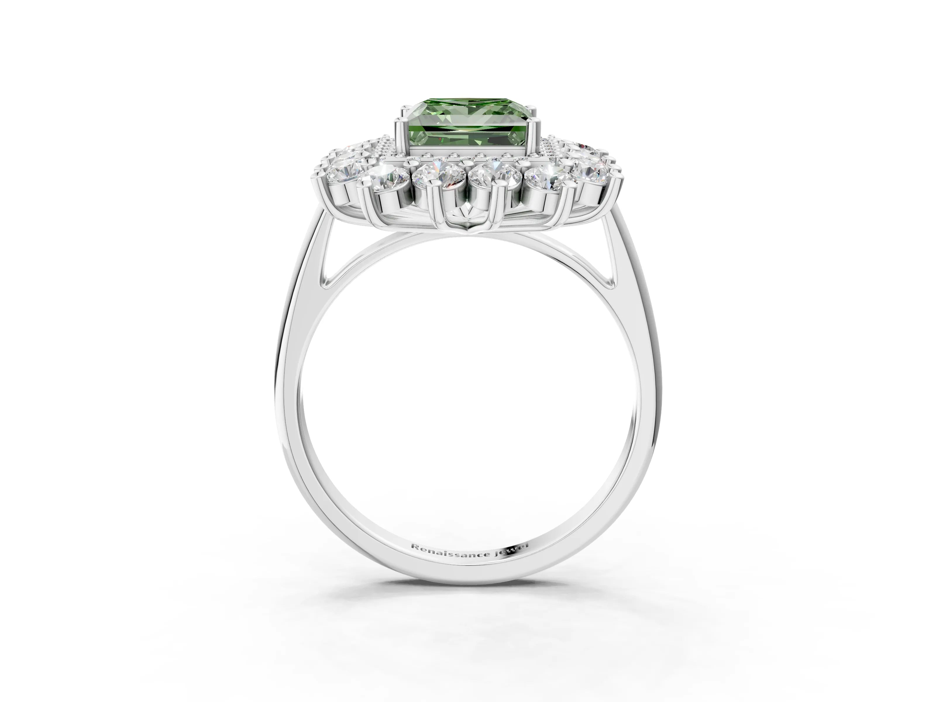 White gold Fancy Green Princess Cut Halo Cluster Diamond Ring with Pave Band and Four-Prong Setting_3