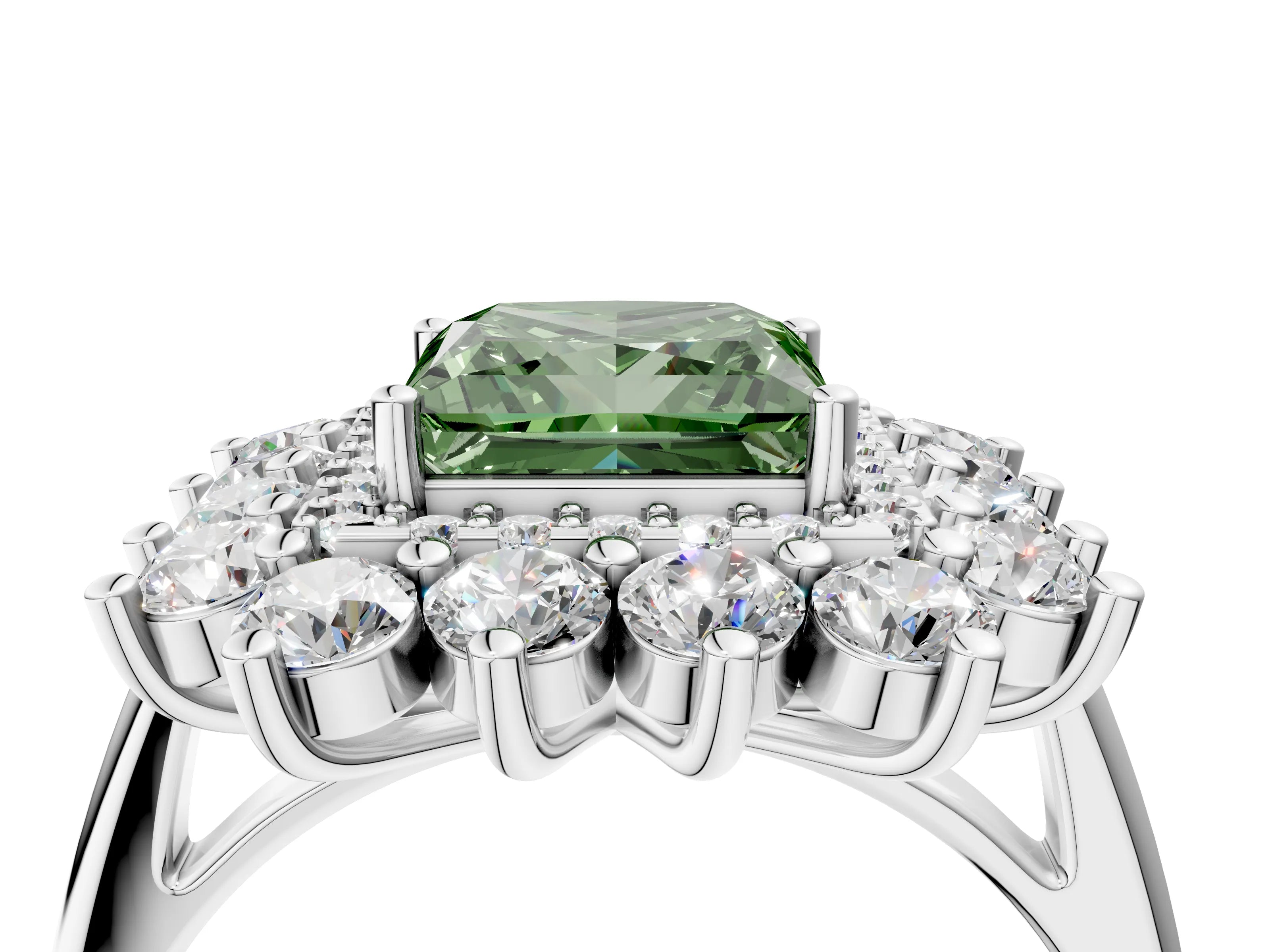 White gold Fancy Green Princess Cut Halo Cluster Diamond Ring with Pave Band and Four-Prong Setting_4