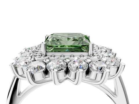 White gold Fancy Green Princess Cut Halo Cluster Diamond Ring with Pave Band and Four-Prong Setting_4