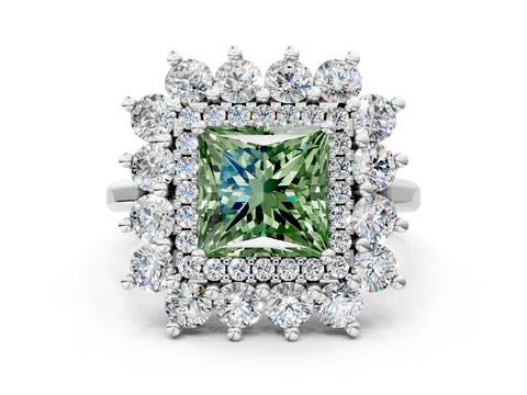 White gold Fancy Green Princess Cut Halo Cluster Diamond Ring with Pave Band and Four-Prong Setting