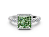 White gold Fancy Green Princess  Cut Halo Diamond Engagement Ring with Pave Band and Four-Prong Setting