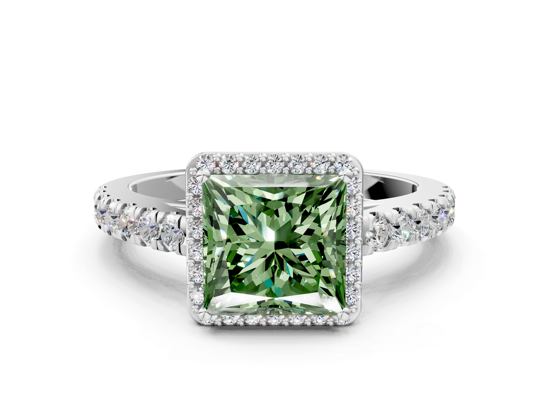White gold Fancy Green Princess  Cut Halo Diamond Engagement Ring with Pave Band and Four-Prong Setting