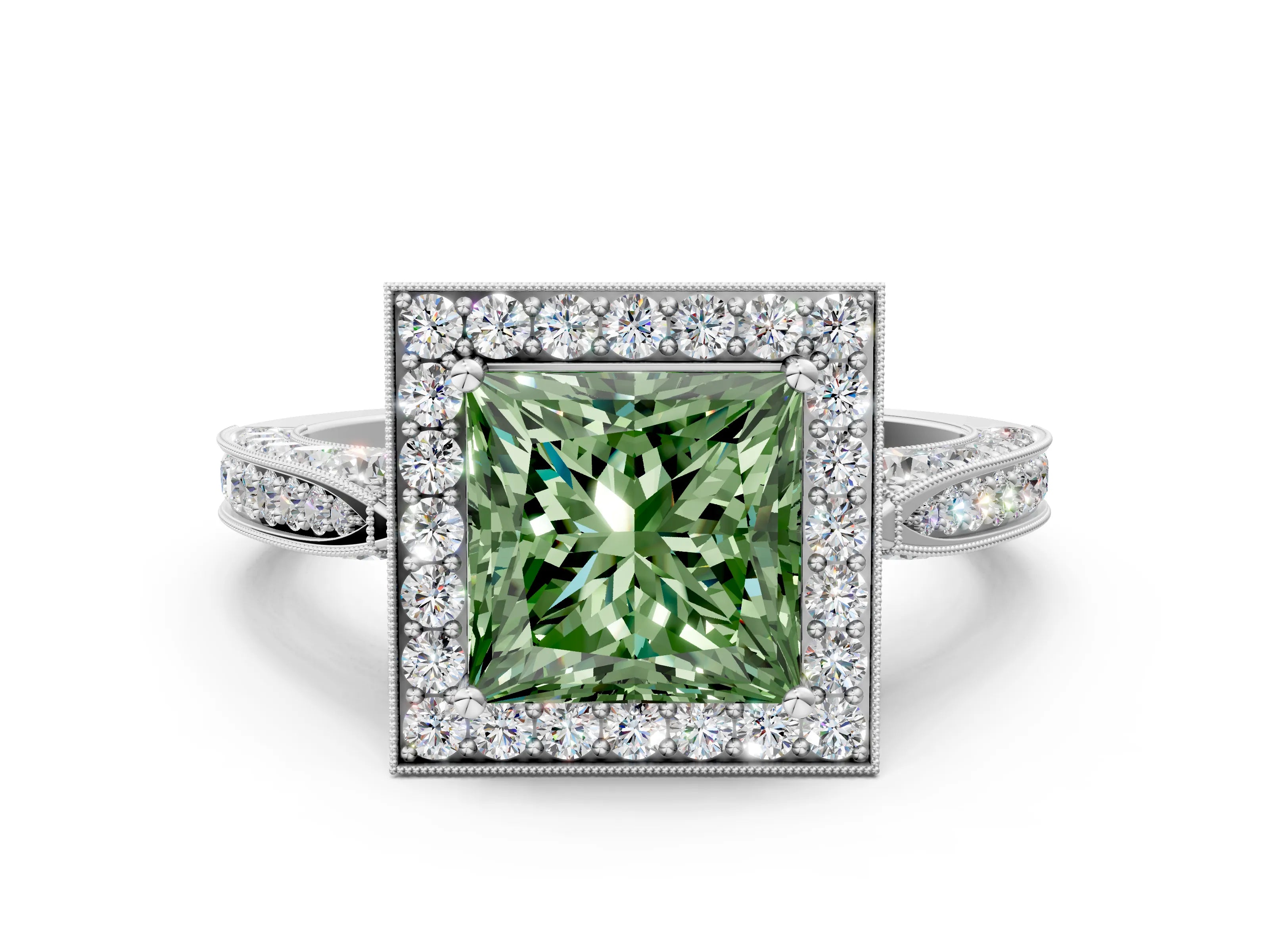 White gold Fancy Green Princess Cut Halo Diamond Engagement Ring with Split Shank Band and Four-Prong Setting