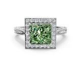 White gold Fancy Green Princess Cut Halo Diamond Engagement Ring with Split Shank Band and Four-Prong Setting