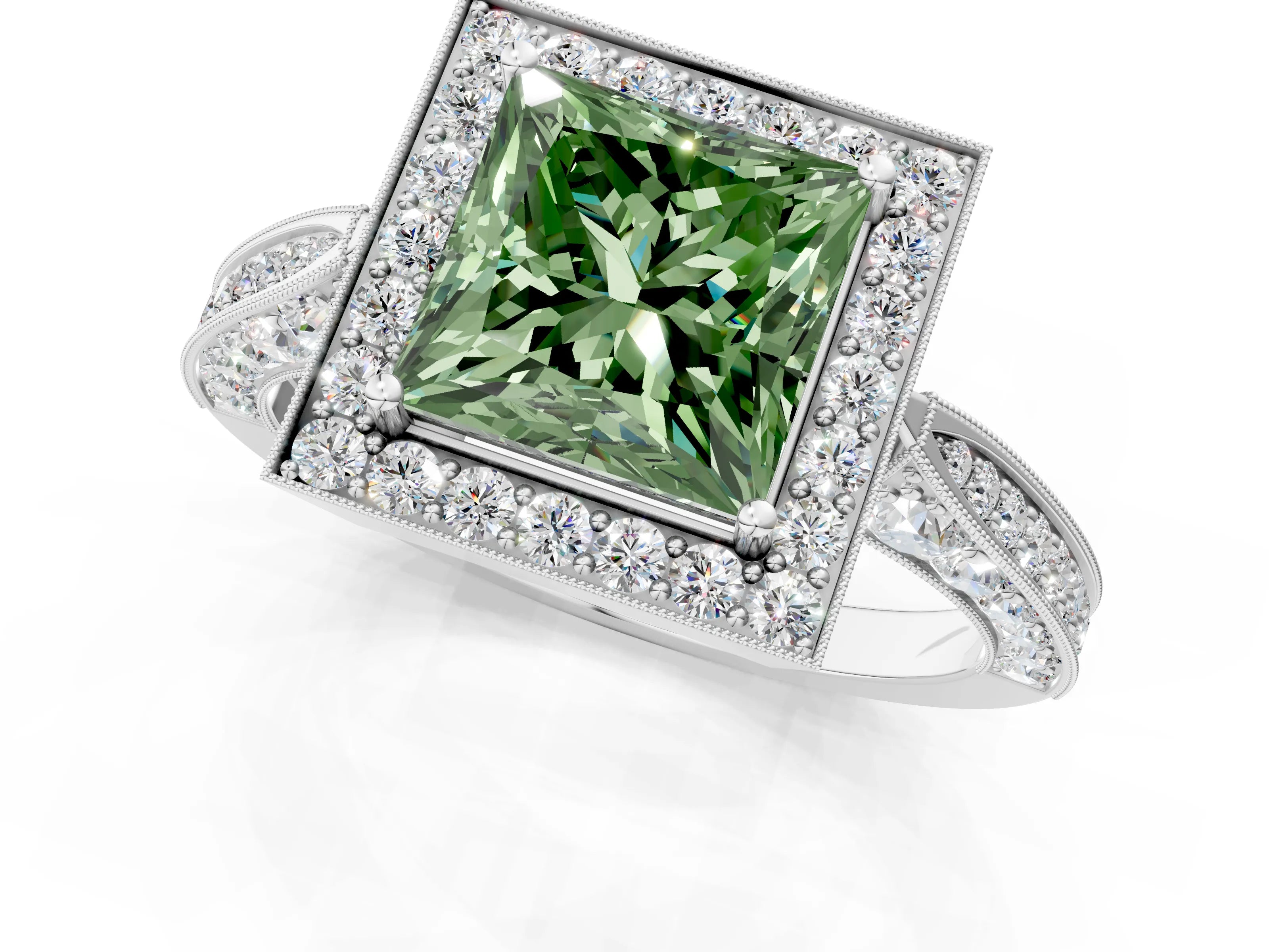 White gold Fancy Green Princess Cut Halo Diamond Engagement Ring with Split Shank Band and Four-Prong Setting_1