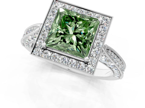 White gold Fancy Green Princess Cut Halo Diamond Engagement Ring with Split Shank Band and Four-Prong Setting_1