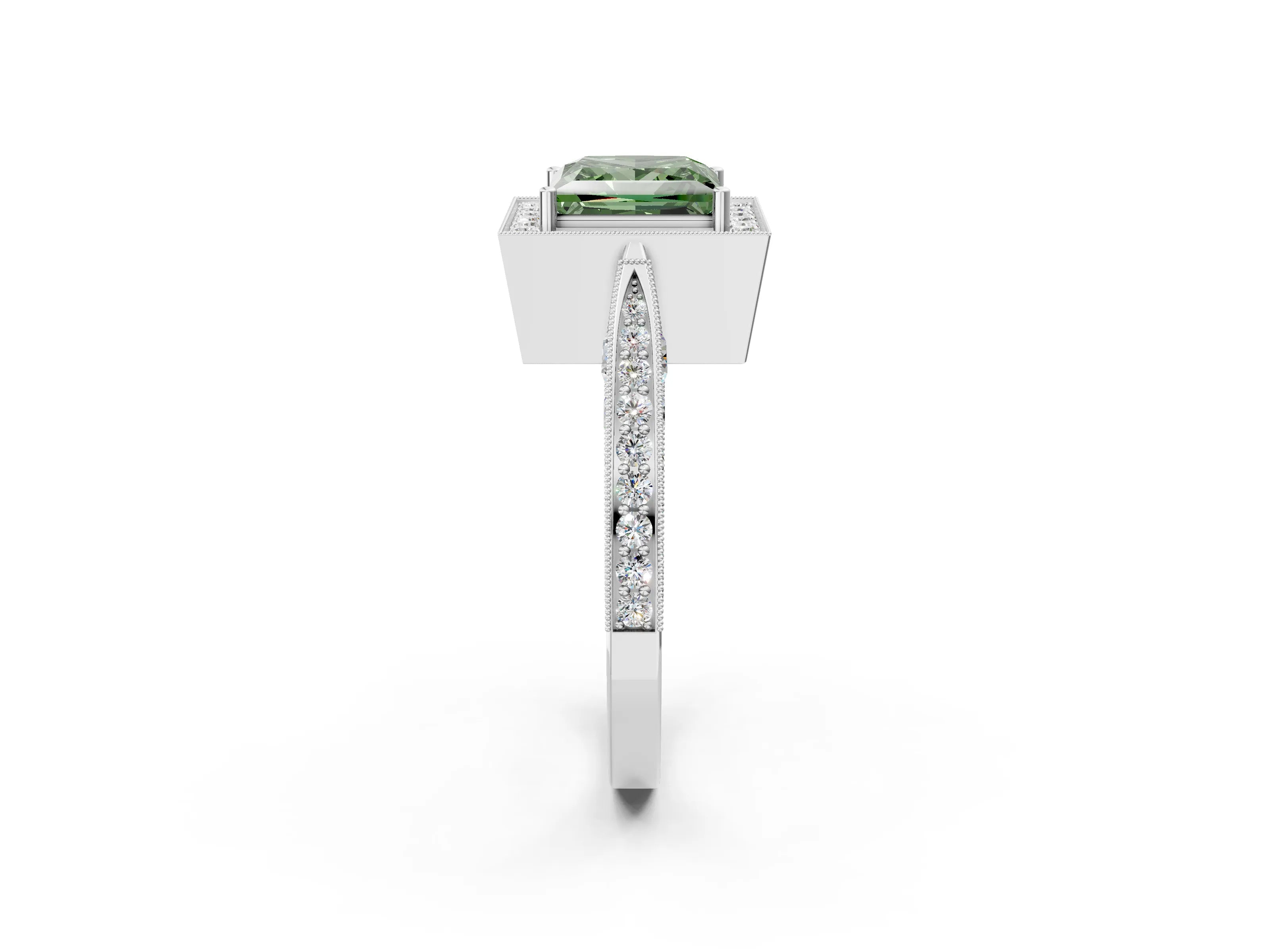 White gold Fancy Green Princess Cut Halo Diamond Engagement Ring with Split Shank Band and Four-Prong Setting_2