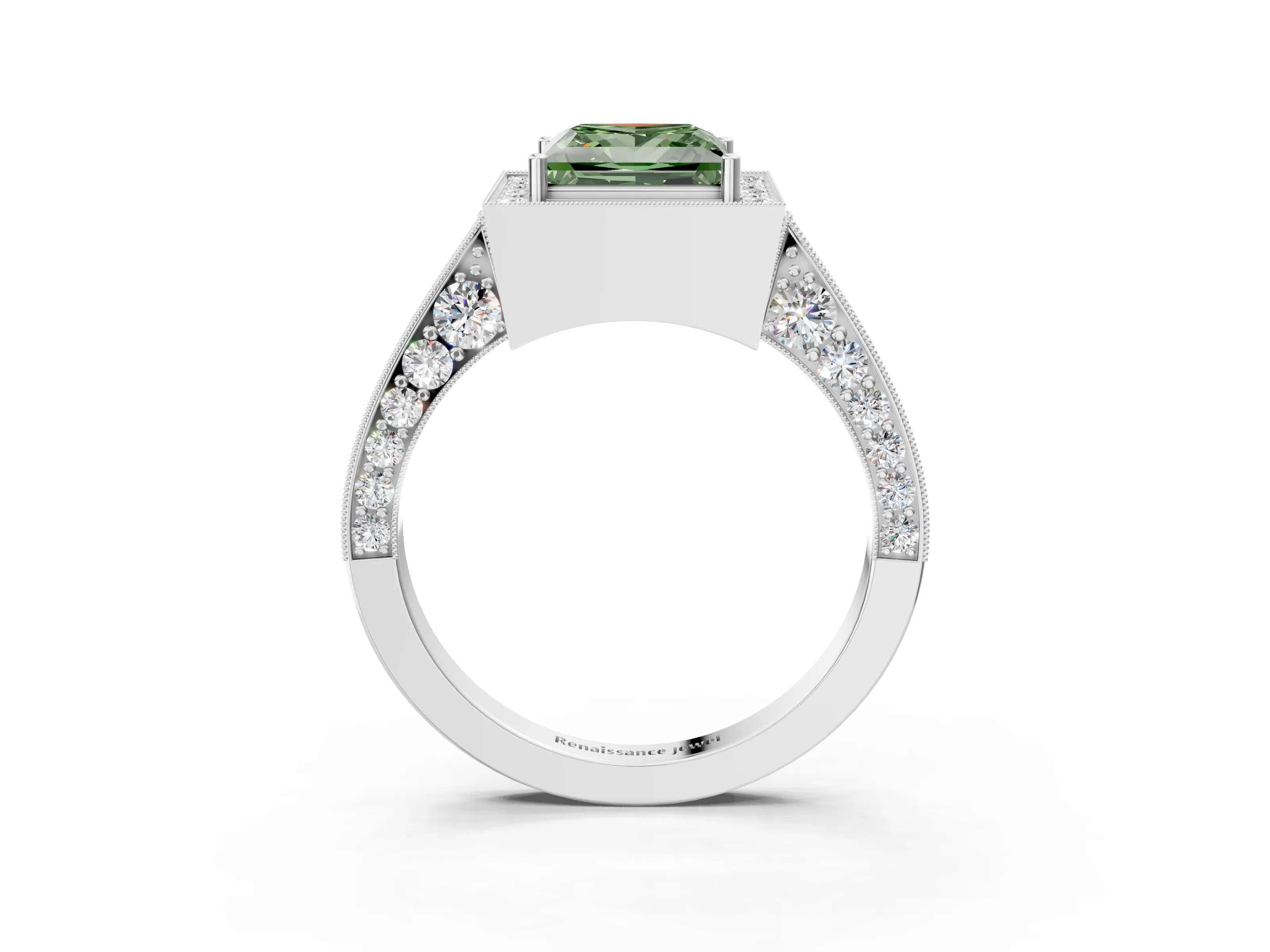 White gold Fancy Green Princess Cut Halo Diamond Engagement Ring with Split Shank Band and Four-Prong Setting_3