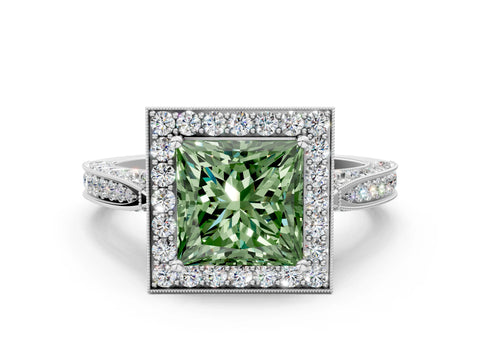 White gold Fancy Green Princess Cut Halo Diamond Engagement Ring with Split Shank Band and Four-Prong Setting
