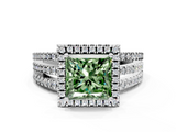 White gold Fancy Green Princess  Cut Halo Diamond Engagement Ring with Split Shank and Four-Prong Setting