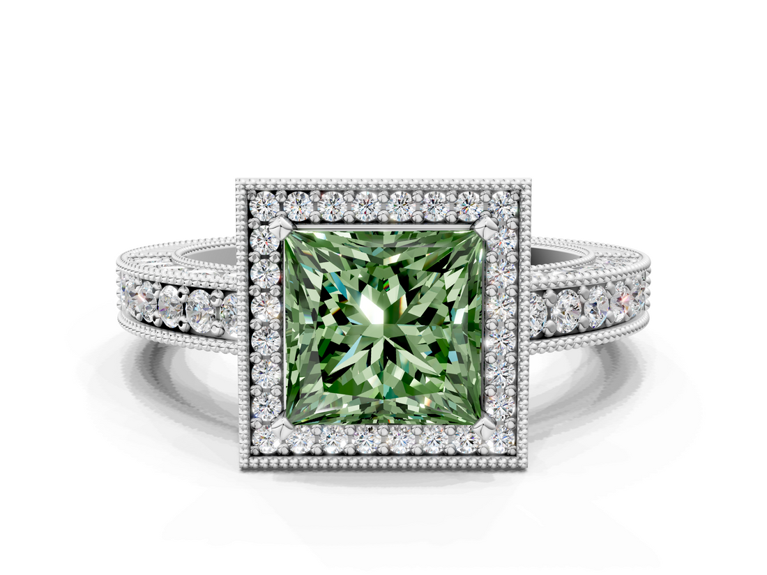 White gold Fancy Green Princess  Cut Halo Diamond Pave Band Ring with Four-Prong Setting