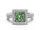 White gold Fancy Green Princess  Cut Halo Diamond Pave Band Ring with Four-Prong Setting