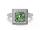 White gold Fancy Green Princess  Cut Halo Diamond Pave Band with Four-Prong Setting